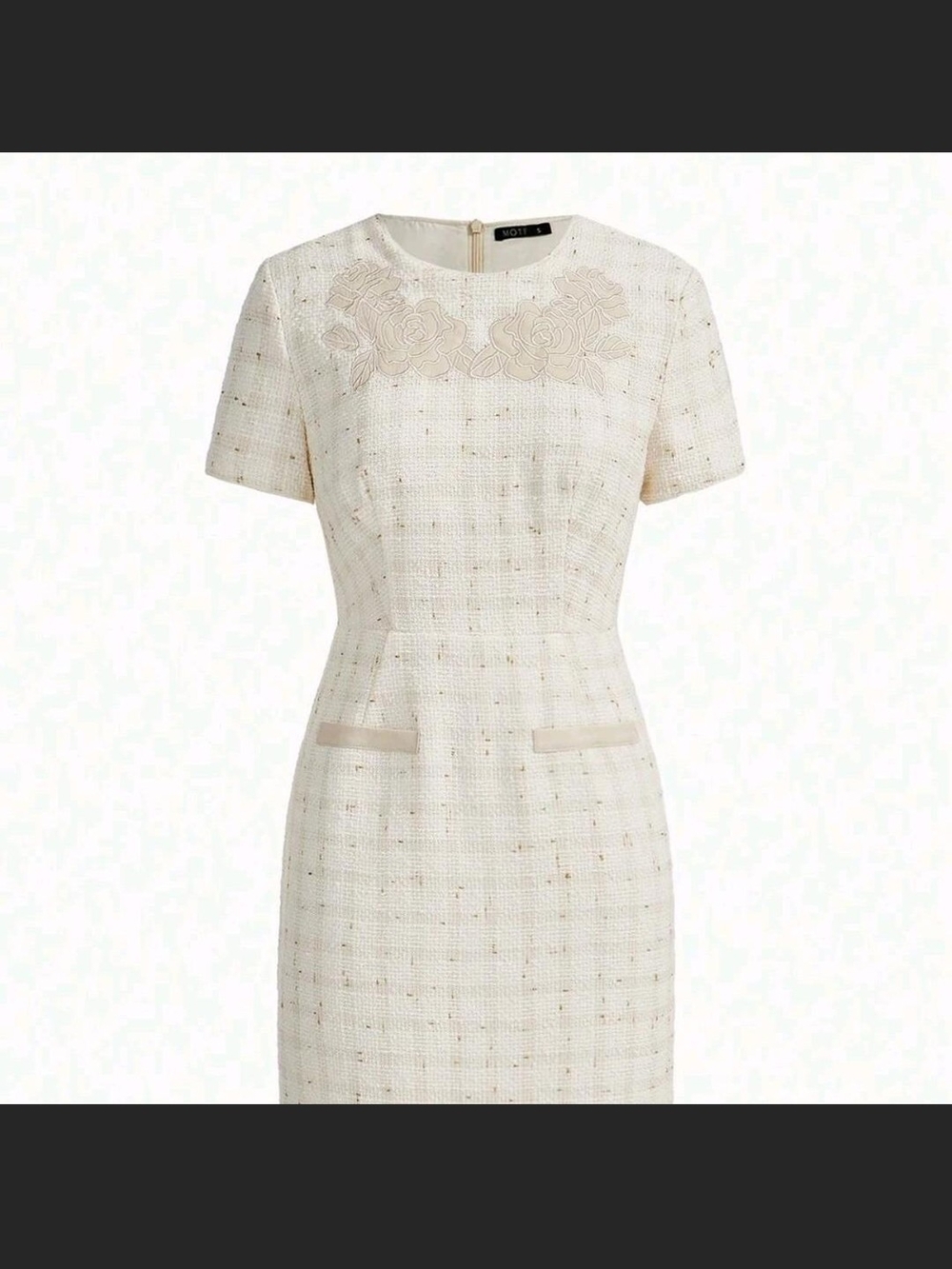 MOTF Cream Tweed Midi Dress with Floral Applique